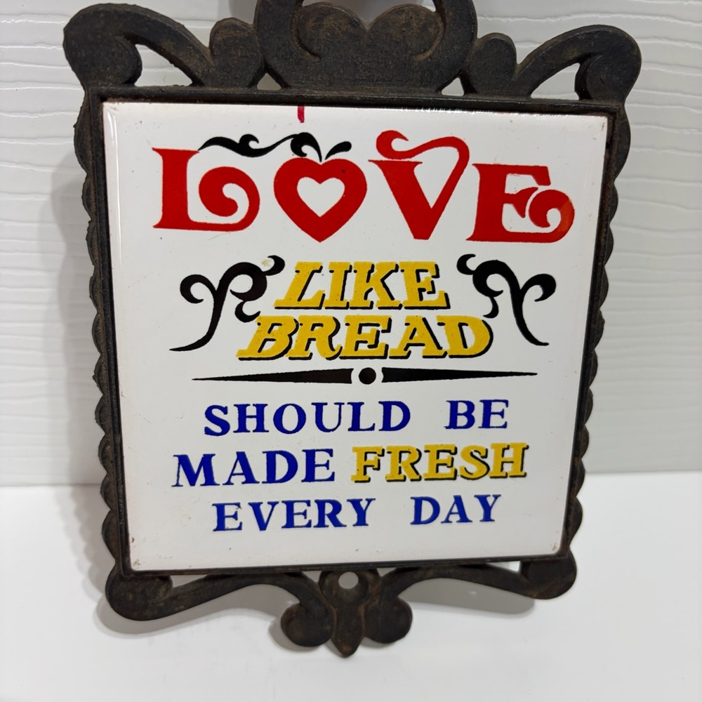 Vintage Trivet Pot Holder Love Bread Cast Iron Tile